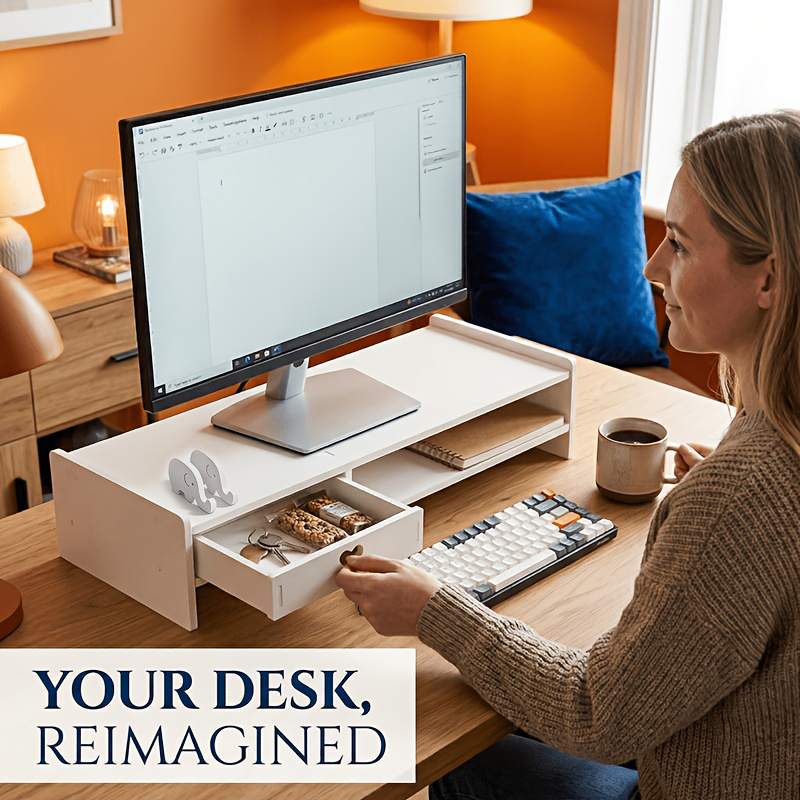 Desk Drawer Small - Minimalistischer Weißer PVC-Monitorständer mit Aufbewahrungsschublade, Ergonomischer