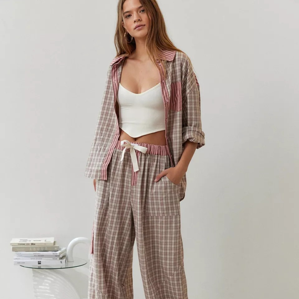 Home Office 2024 - Streifen Plaid Patchwork Bluse Frauen Und