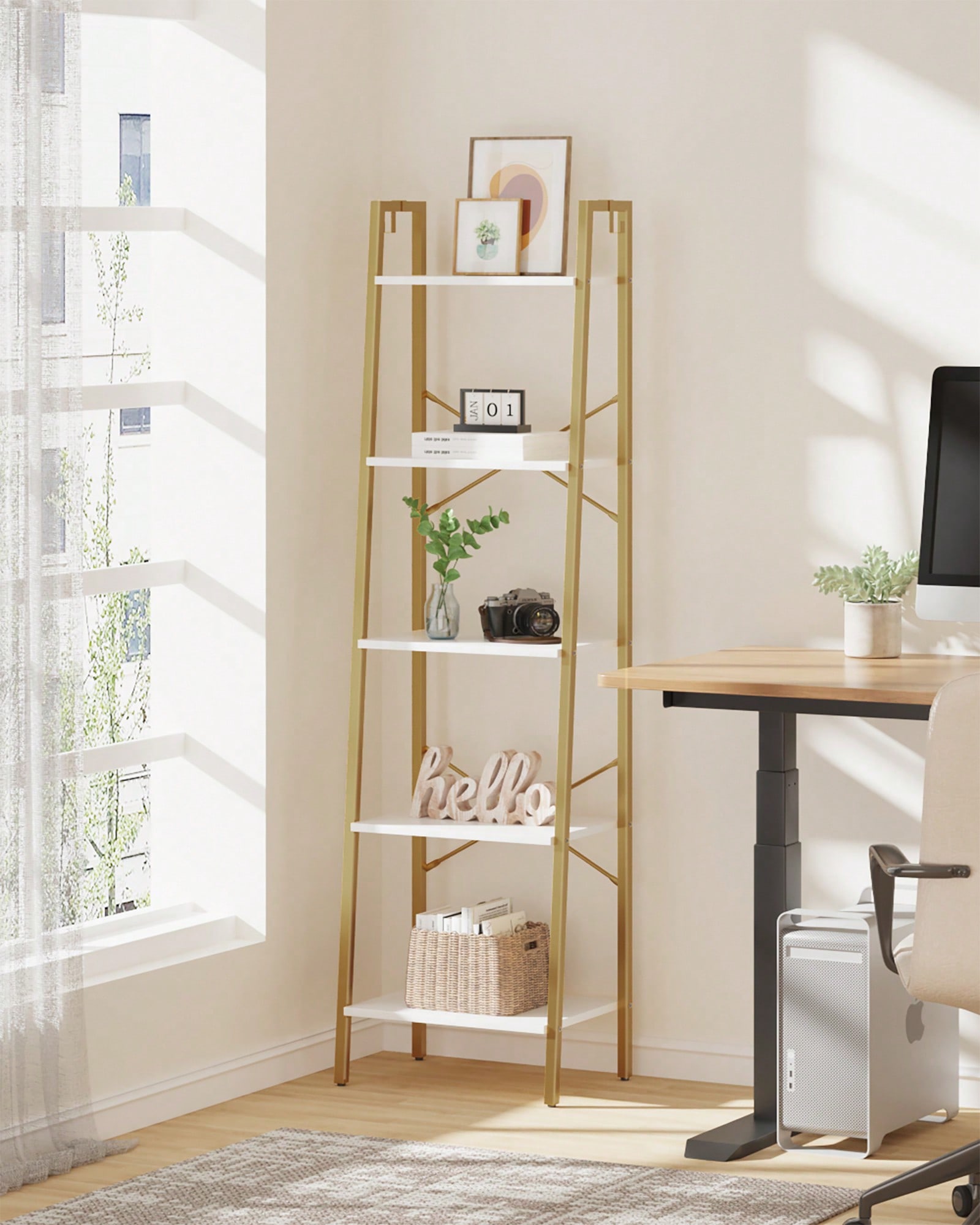 Bookcase Wood Shelf - 5-stufiges Leiterregal, modernes Glamour-Design in Weiß-Gold,